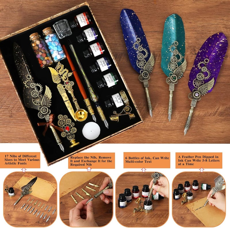 Aifeiter Feather Pen Ink Set - 6 Bottles of Ink, Quill Pen, Glass & Wooden Dipping Pens, 8 Sheets of Writing Paper, Envelope, Wax Granules, Round Wax, Seal, Spoon, Pen Holder (Grey) - Image 4